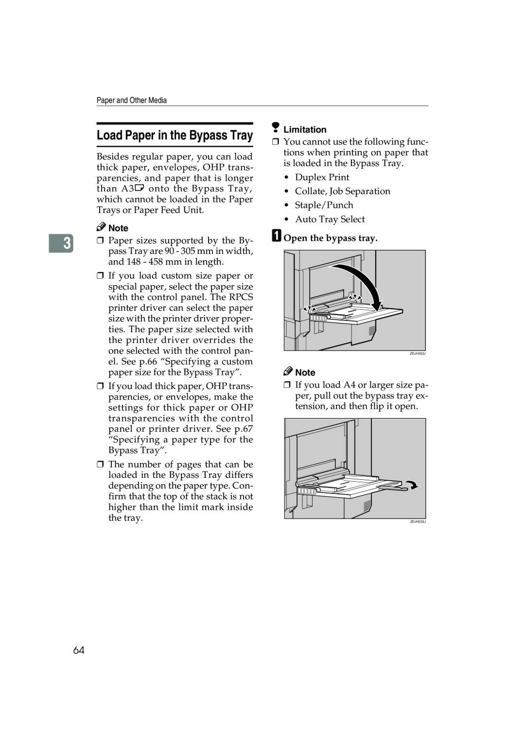 Ricoh AP3800C operating instructions Load Paper in the Bypass Tray, A Open the bypass tray 