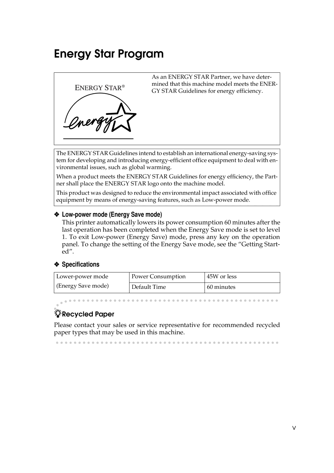 Ricoh AP505 manual Energy Star Program, Low-power mode Energy Save mode, Specifications 