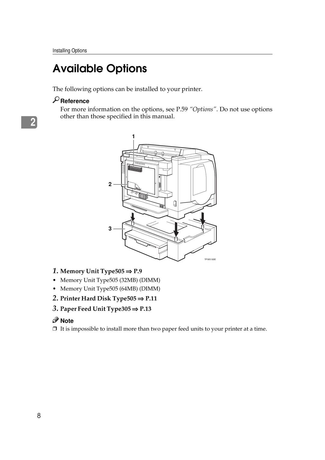 Ricoh AP505 manual Available Options, Memory Unit Type505 ⇒ P.9 