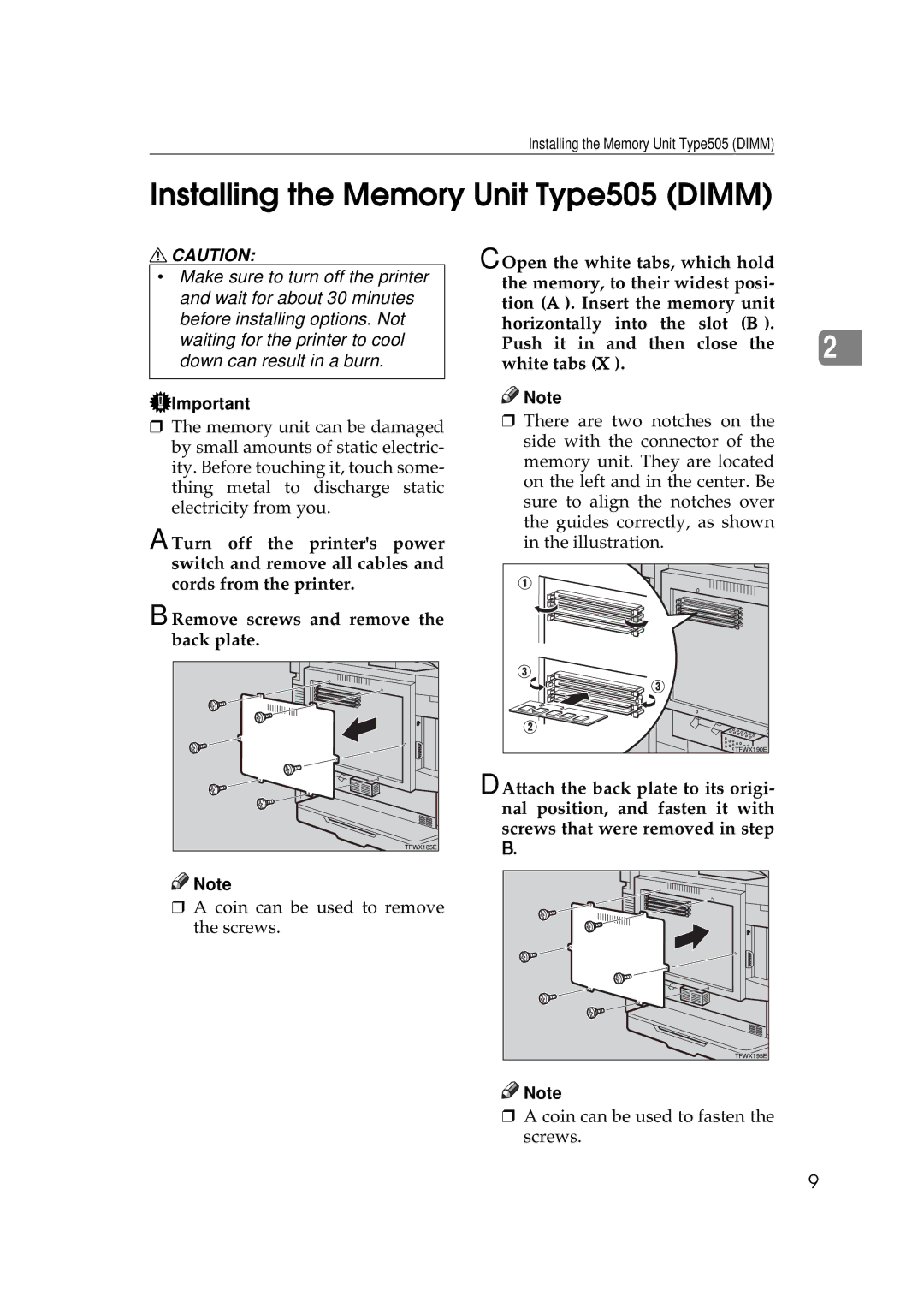 Ricoh AP505 manual Installing the Memory Unit Type505 Dimm 