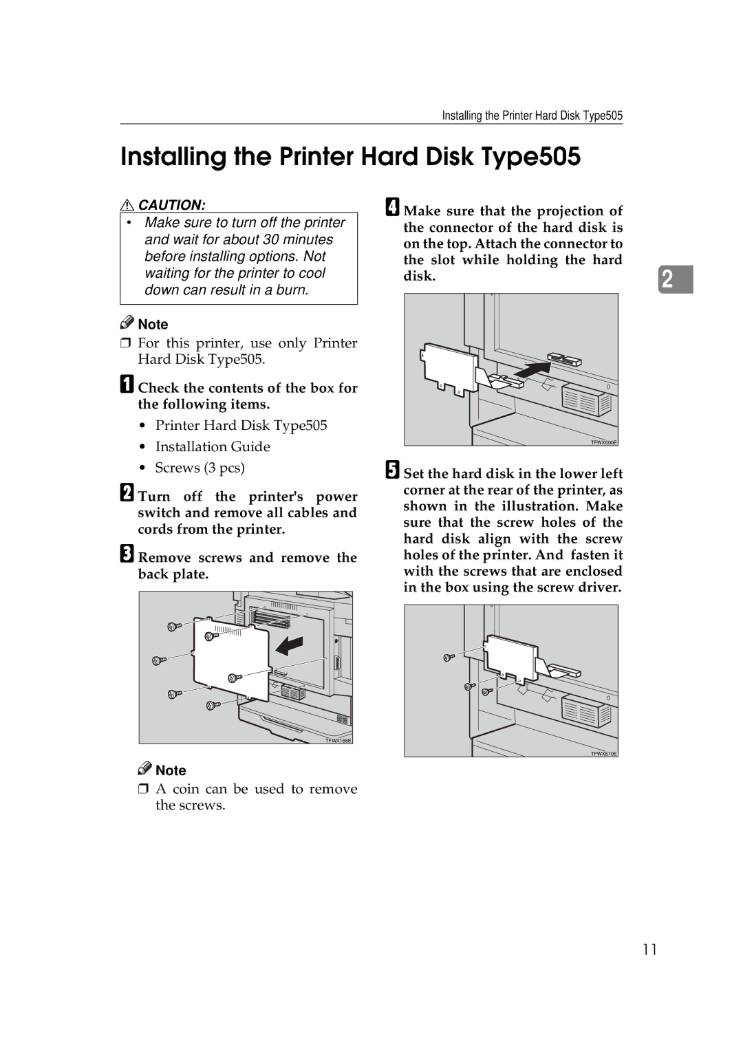 Ricoh AP505 manual Installing the Printer Hard Disk Type505, Check the contents of the box for the following items 