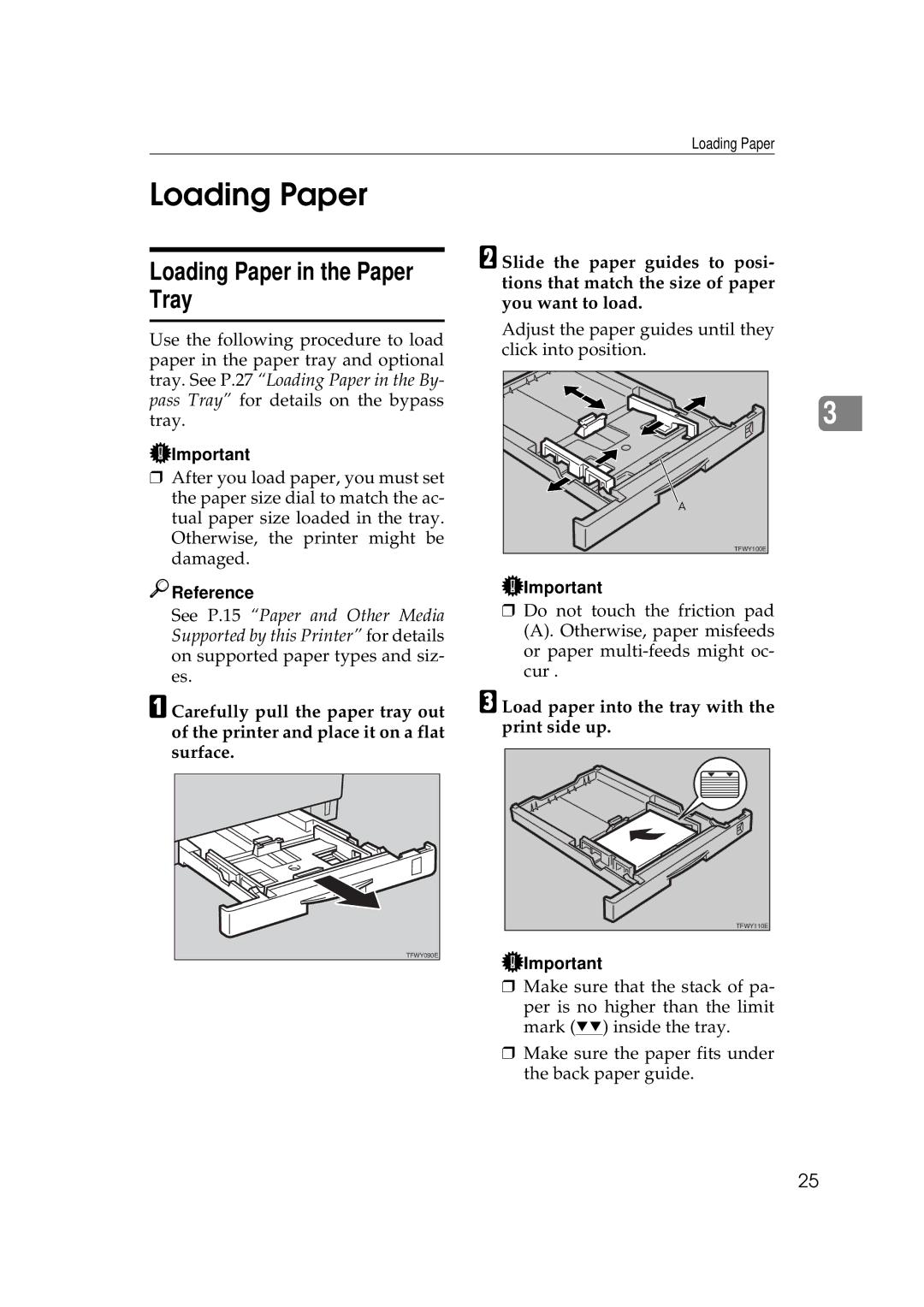 Ricoh AP505 manual Loading Paper in the Paper Tray, Load paper into the tray with the print side up 