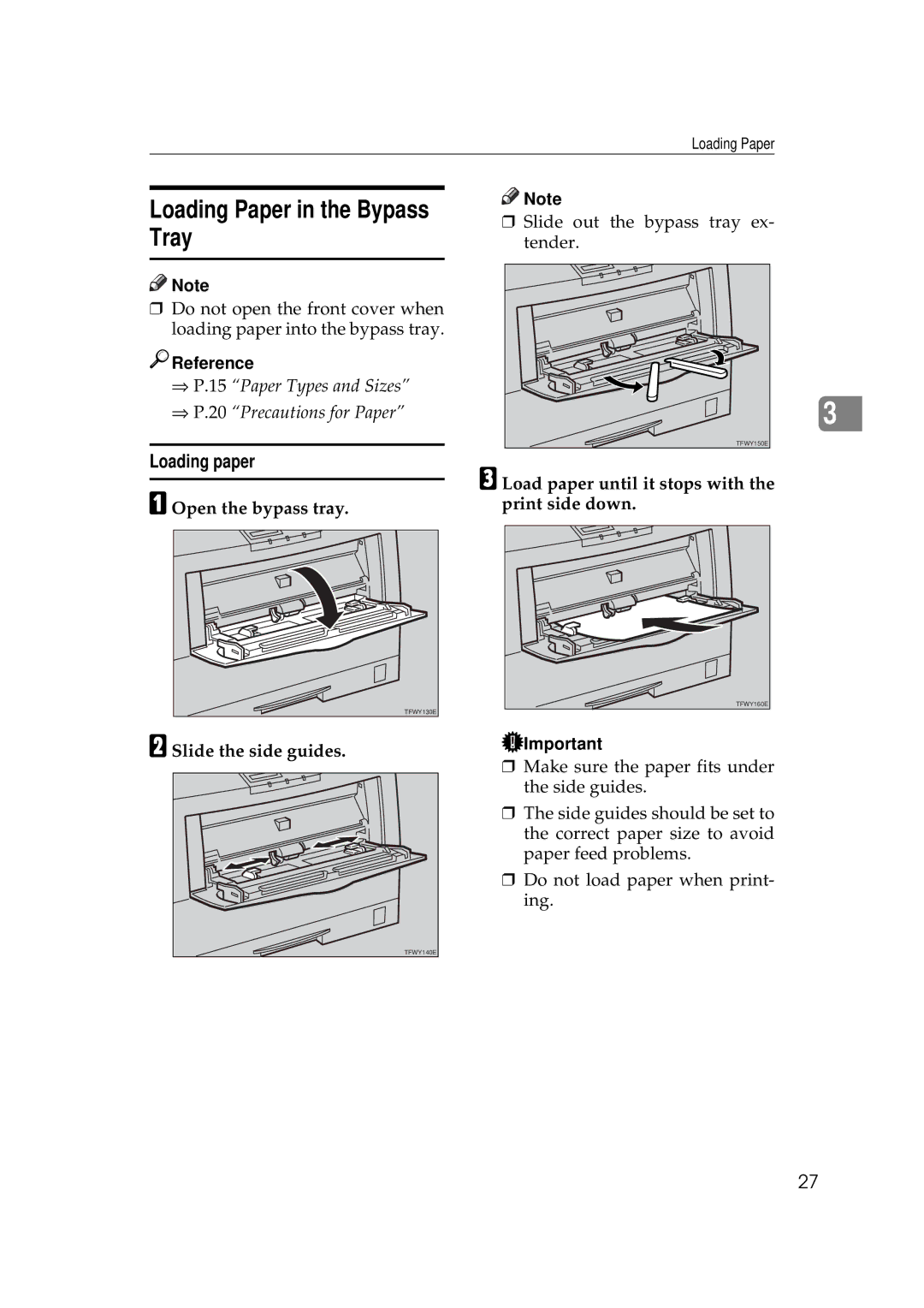 Ricoh AP505 manual Loading Paper in the Bypass Tray, Open the bypass tray, Slide the side guides 