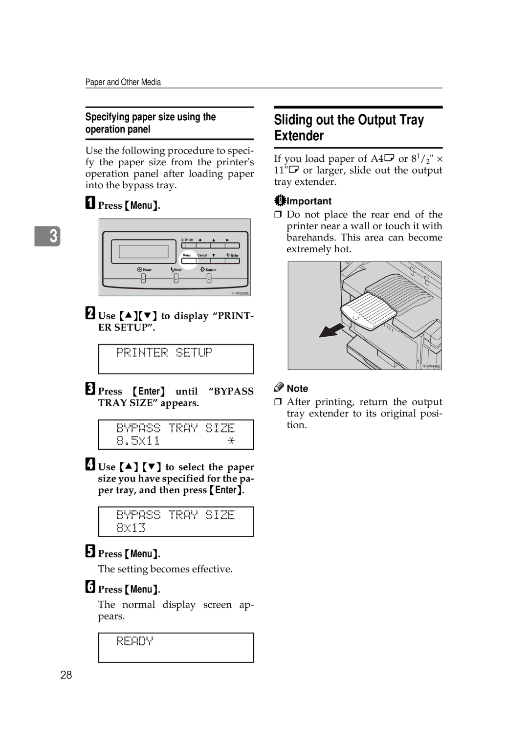 Ricoh AP505 manual Sliding out the Output Tray Extender, Press Enter until Bypass Tray Size appears 