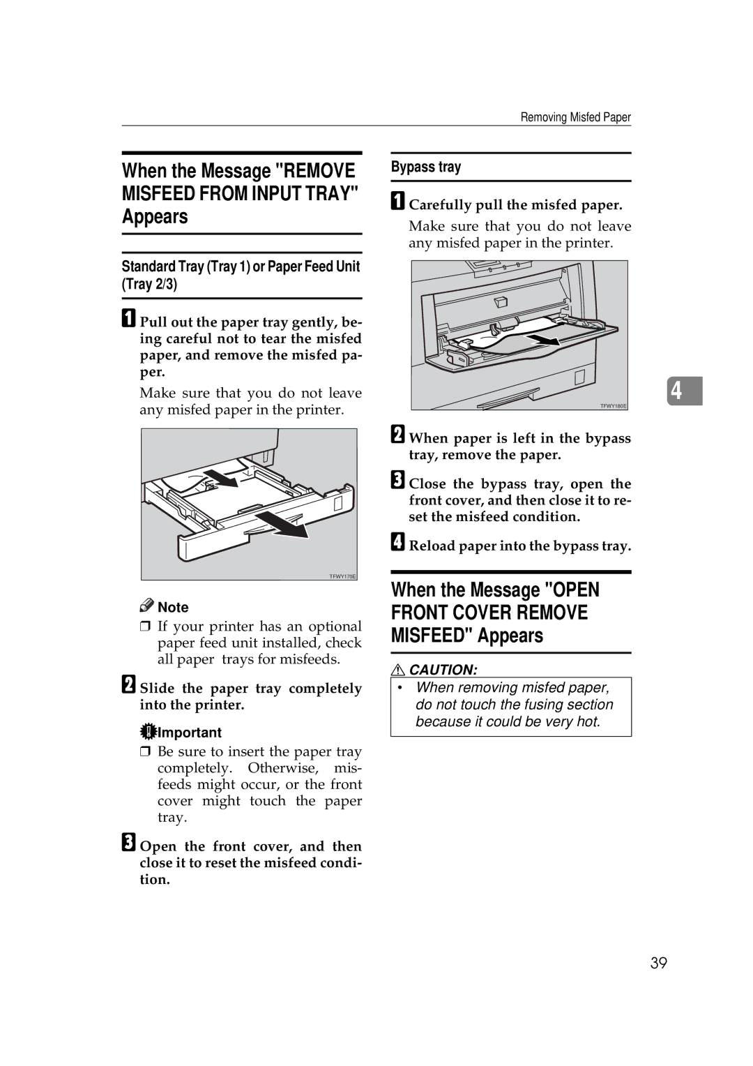 Ricoh AP505 When the Message Open, Misfeed Appears, Bypass tray, Standard Tray Tray 1 or Paper Feed Unit Tray 2/3 