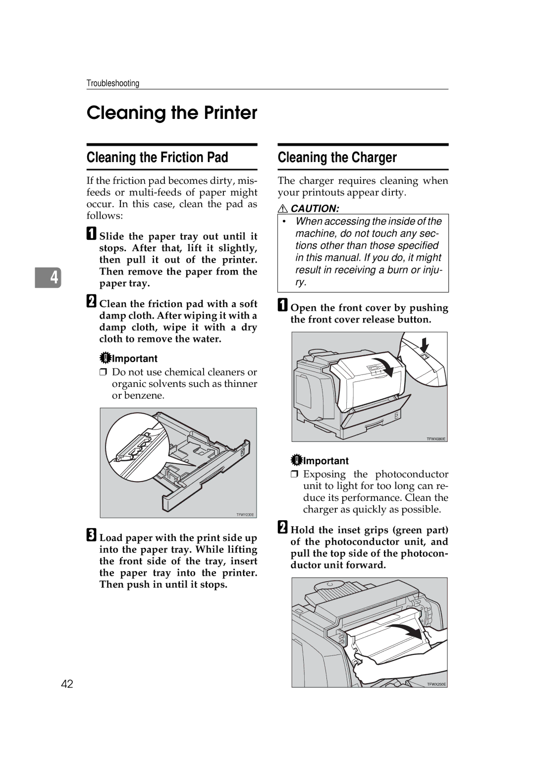 Ricoh AP505 manual Cleaning the Printer, Cleaning the Friction Pad, Cleaning the Charger 