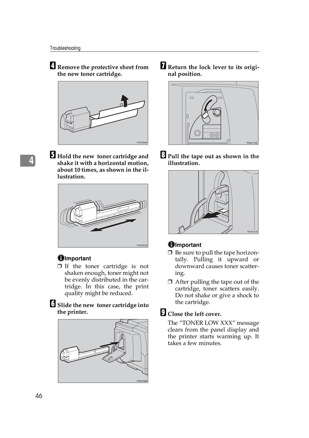 Ricoh AP505 Remove the protective sheet from the new toner cartridge, Hold the new toner cartridge, Close the left cover 