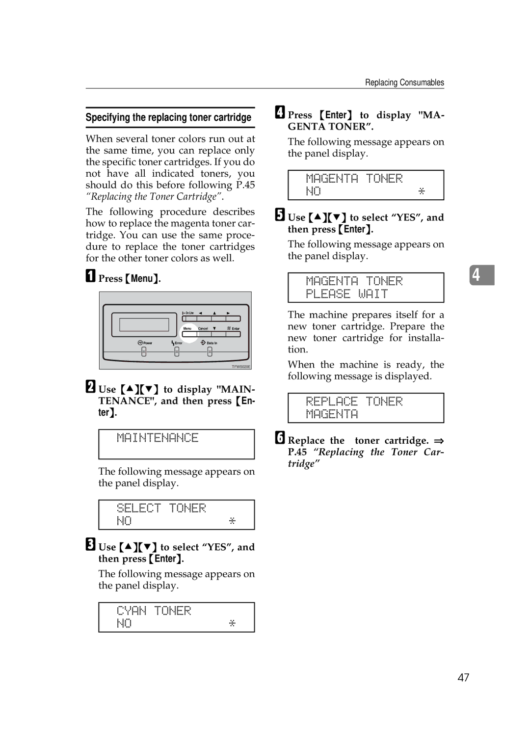 Ricoh AP505 manual Maintenance, Magenta Toner Please Wait, Replace Toner Magenta, Select Toner, Cyan Toner 