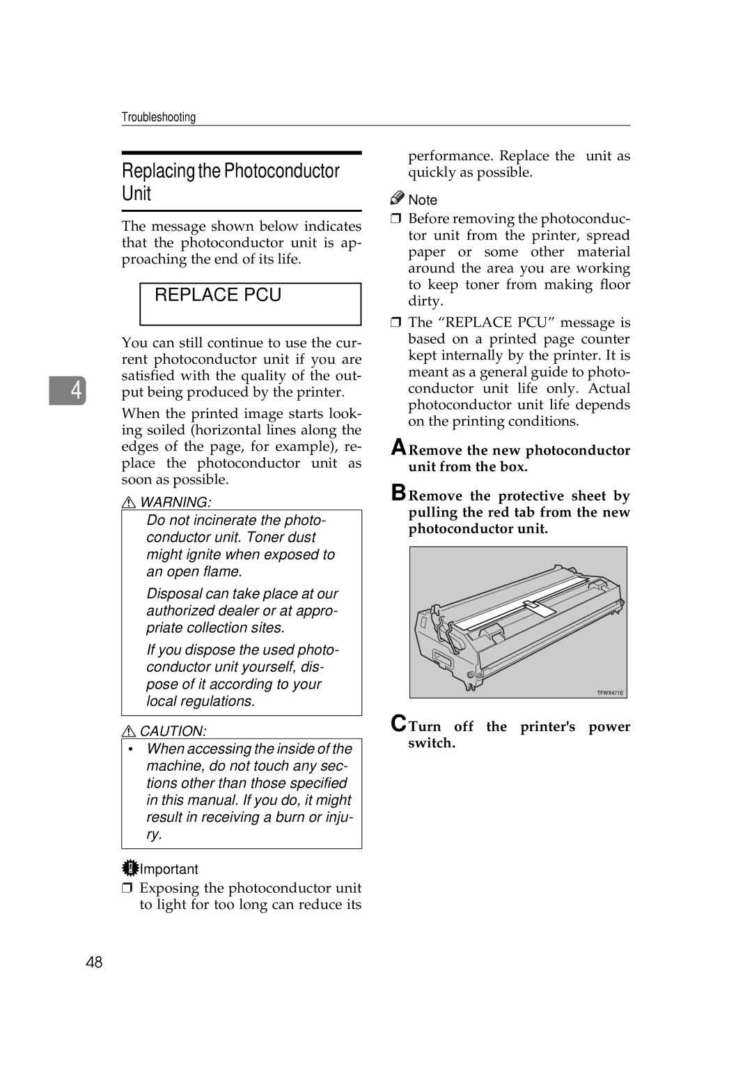 Ricoh AP505 manual Replacing the Photoconductor Unit, Replace PCU, Turn off the printers power switch 