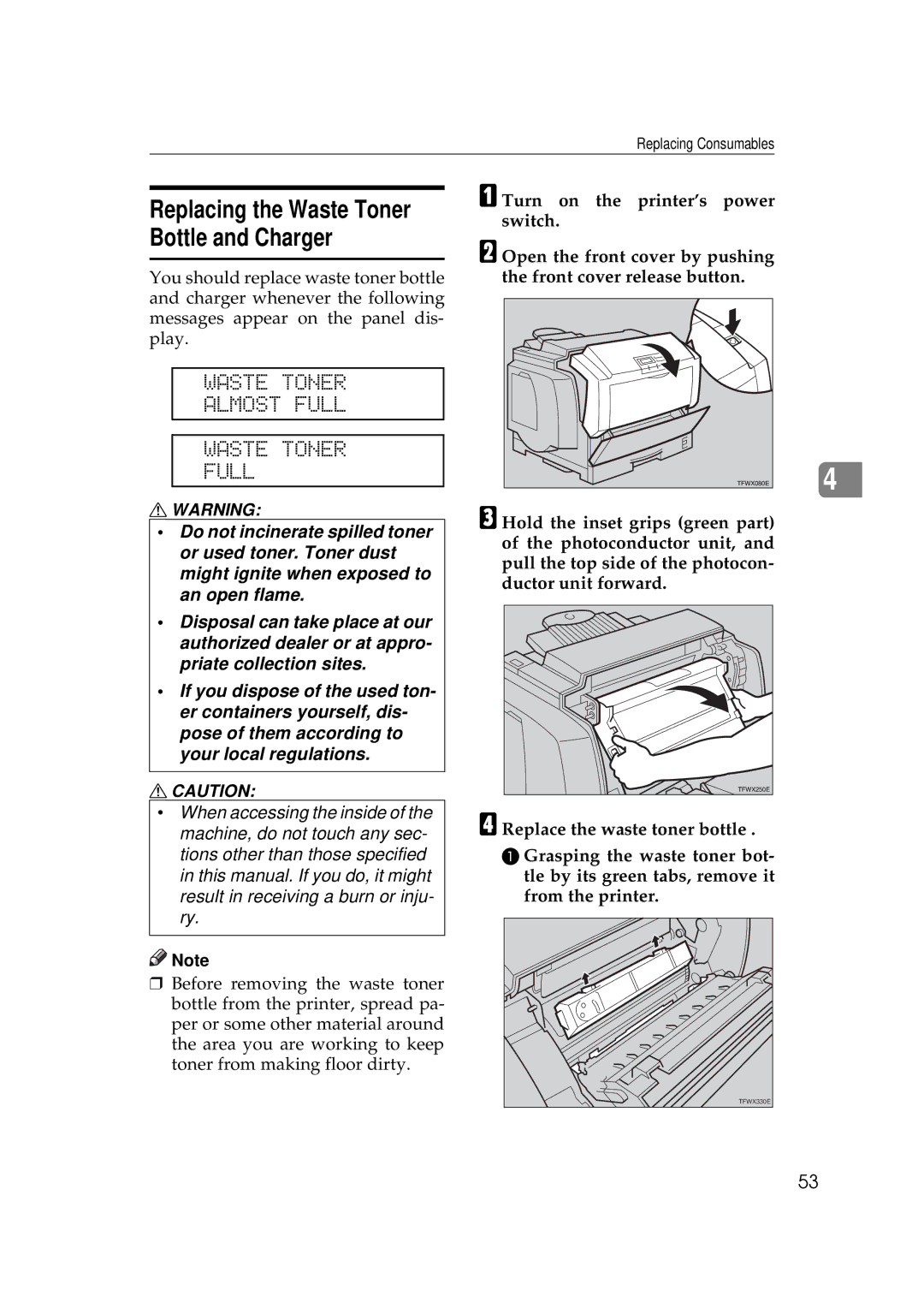 Ricoh AP505 manual Waste Toner Almost Full, Replacing the Waste Toner Bottle and Charger 