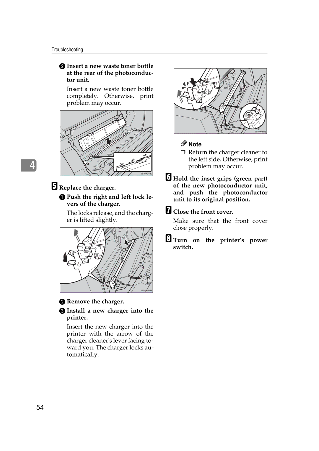 Ricoh AP505 manual Locks release, and the charg- er is lifted slightly 