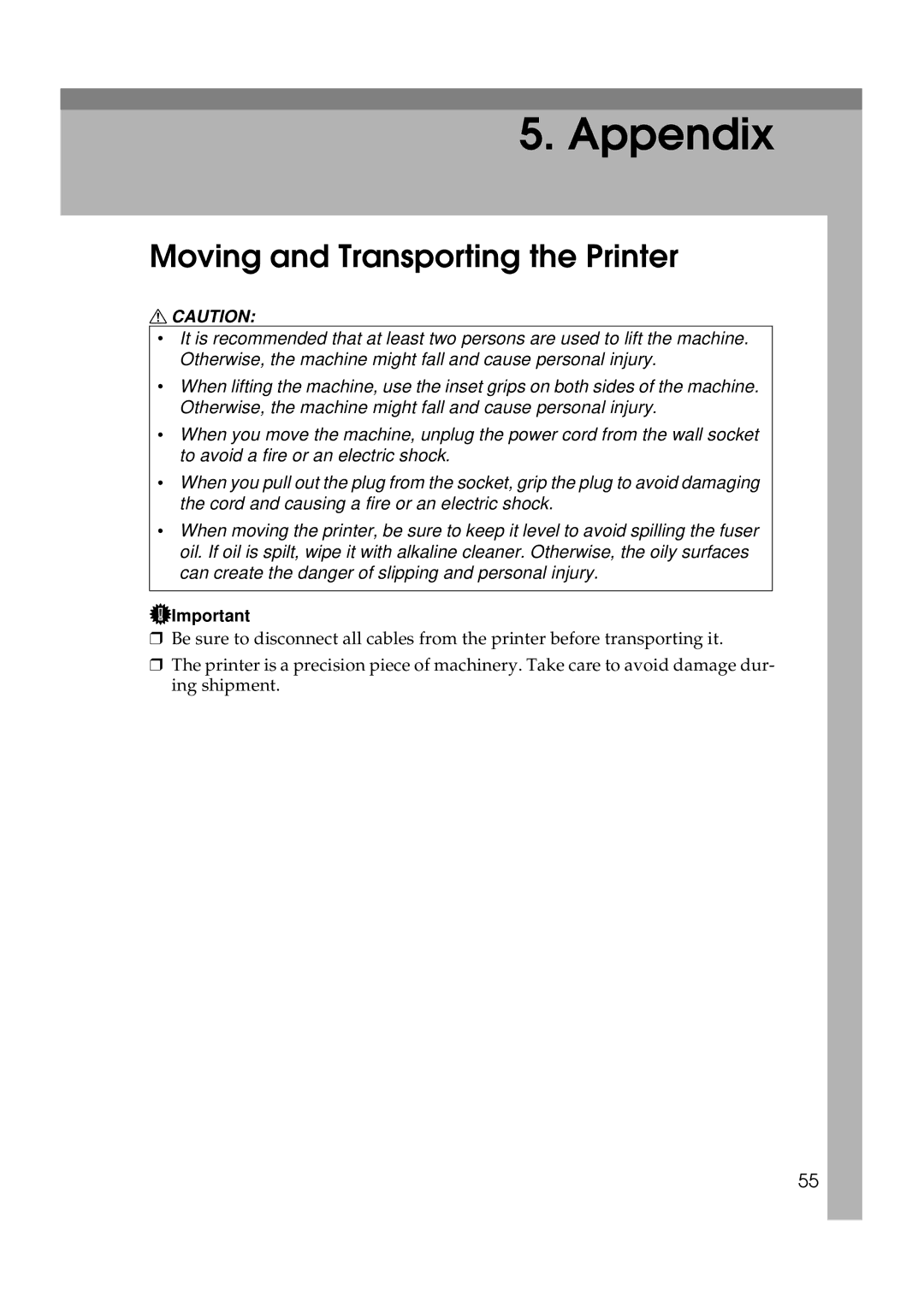 Ricoh AP505 manual Appendix, Moving and Transporting the Printer 