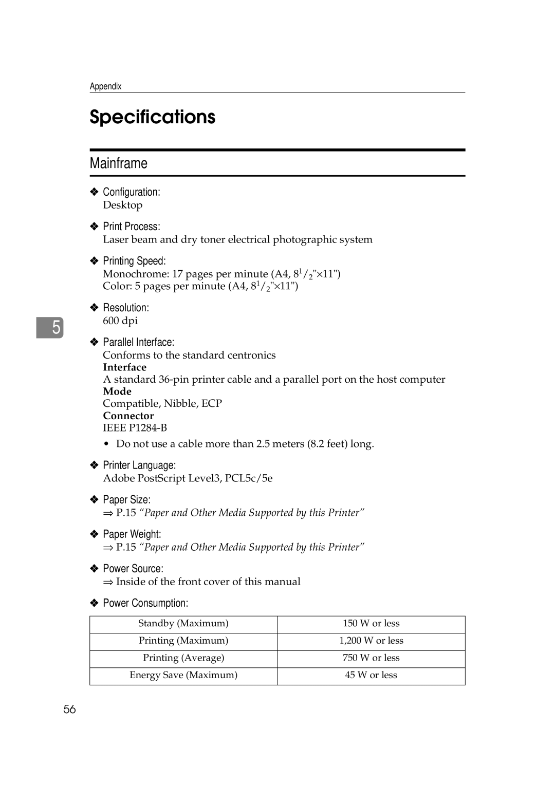 Ricoh AP505 manual Specifications, Mainframe 