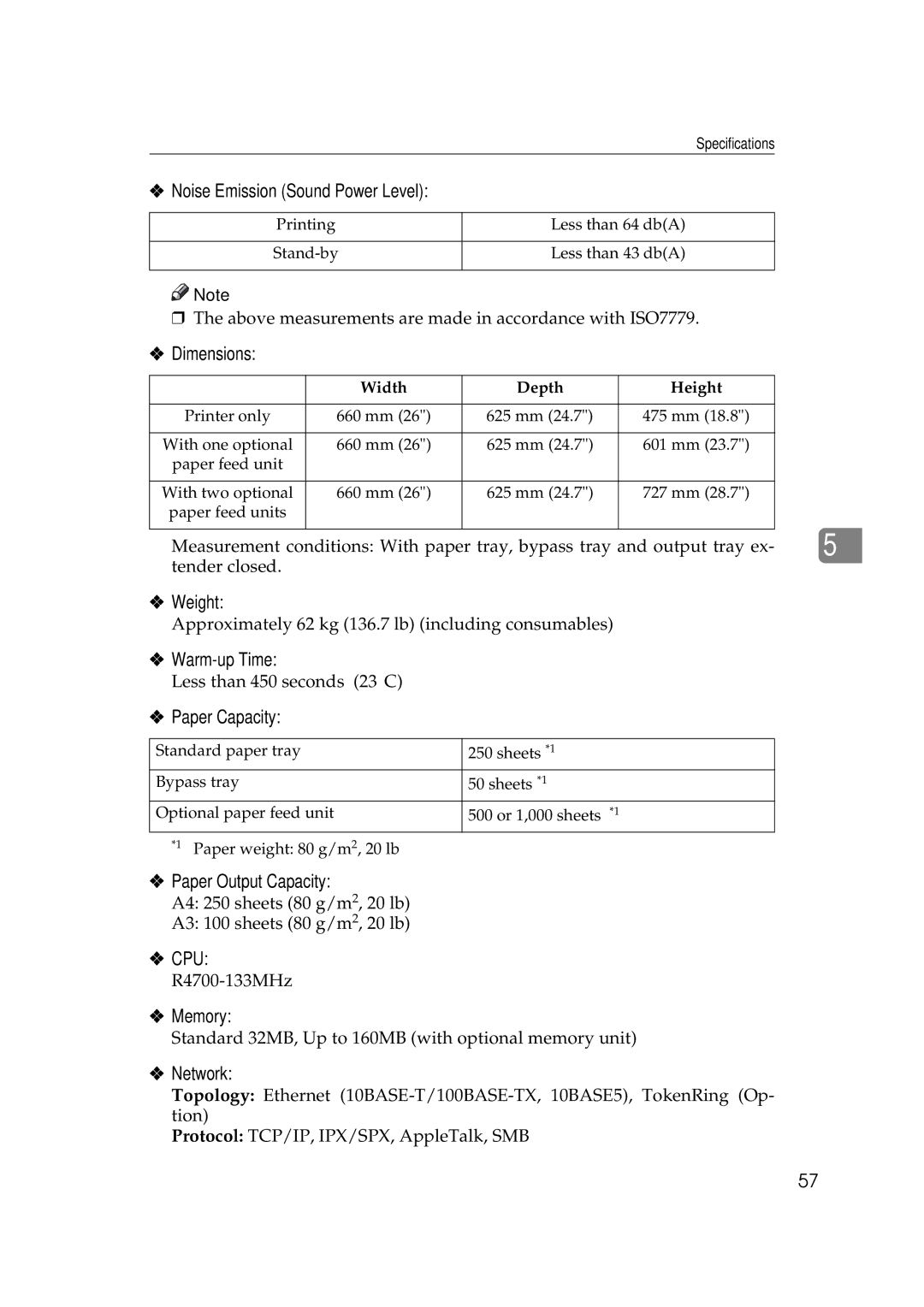 Ricoh AP505 Noise Emission Sound Power Level, Dimensions, Weight, Warm-up Time, Paper Capacity, Paper Output Capacity, Cpu 