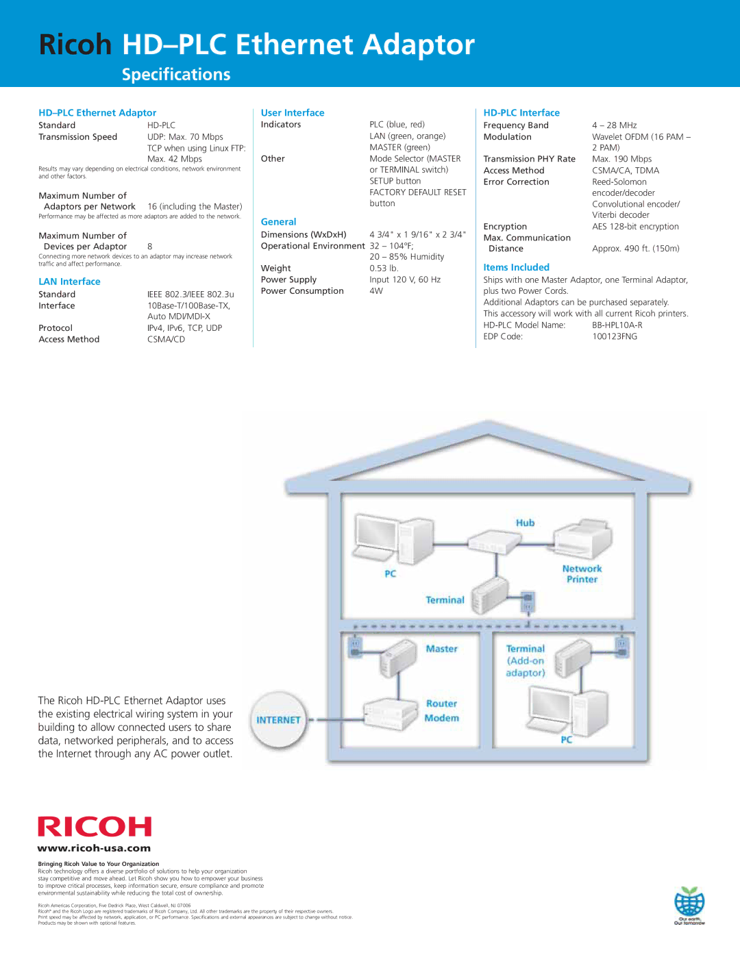 Ricoh BB-HPL10A-R manual Ricoh HD-PLC Ethernet Adaptor, Specifications 