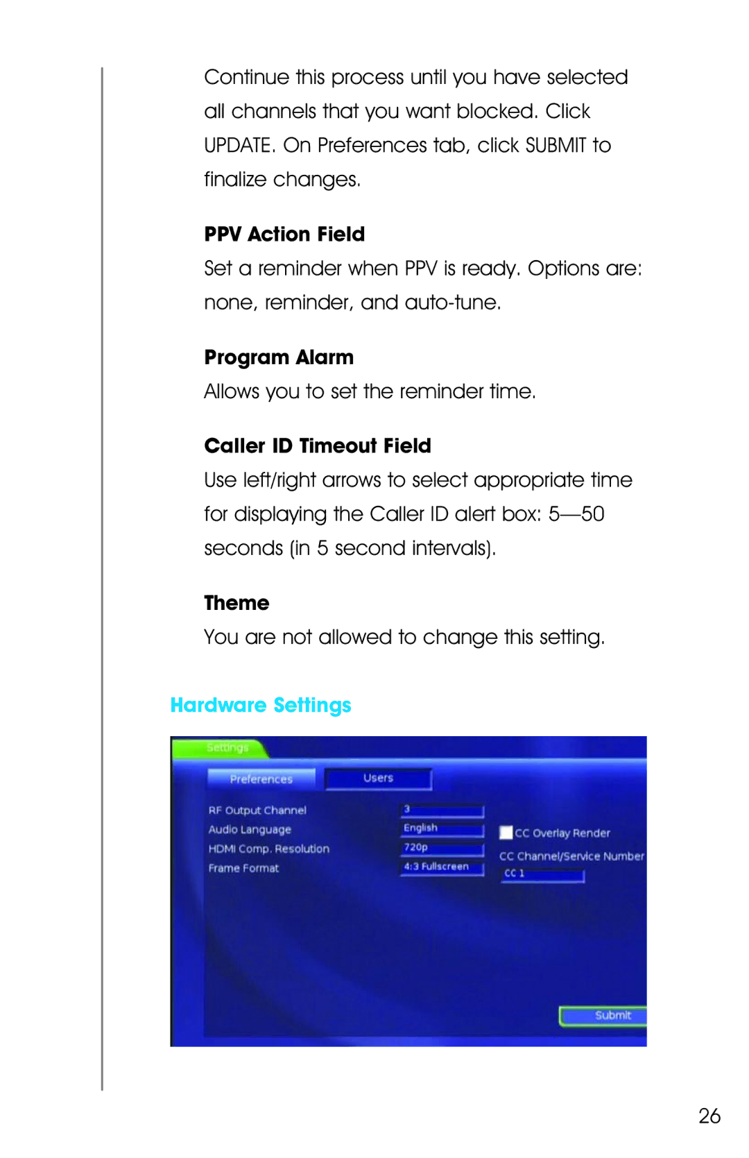 Ricoh Broadband. Digital TV. Phone manual Caller ID Timeout Field, Hardware Settings 