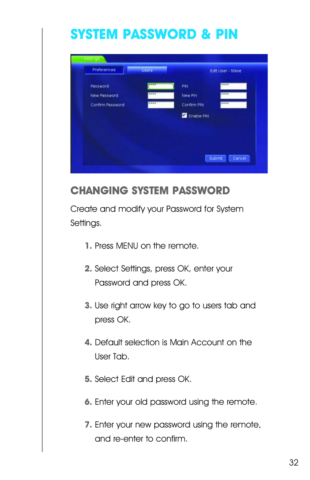 Ricoh Broadband. Digital TV. Phone manual System Password & PIN, Changing System Password 