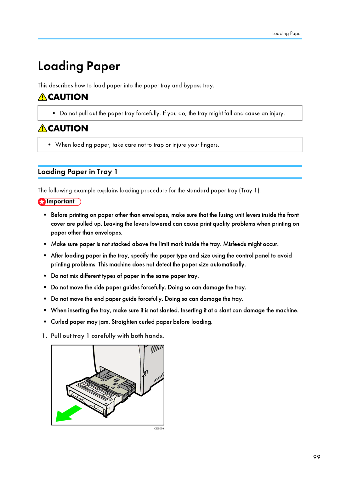 Ricoh SP C240SF, C242SF operating instructions Loading Paper in Tray, Pull out tray 1 carefully with both hands 