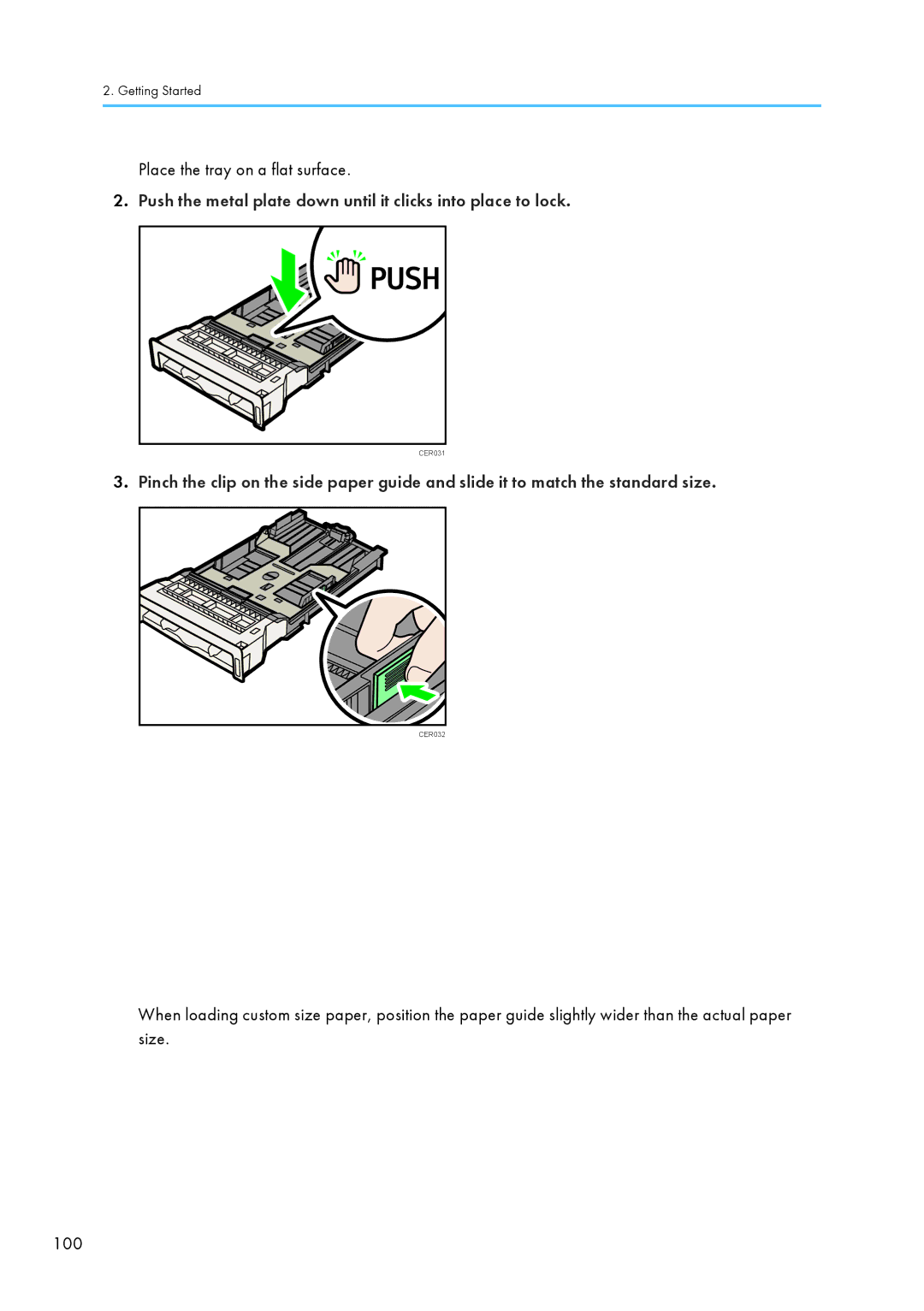 Ricoh C242SF, SP C240SF Place the tray on a flat surface, Push the metal plate down until it clicks into place to lock 