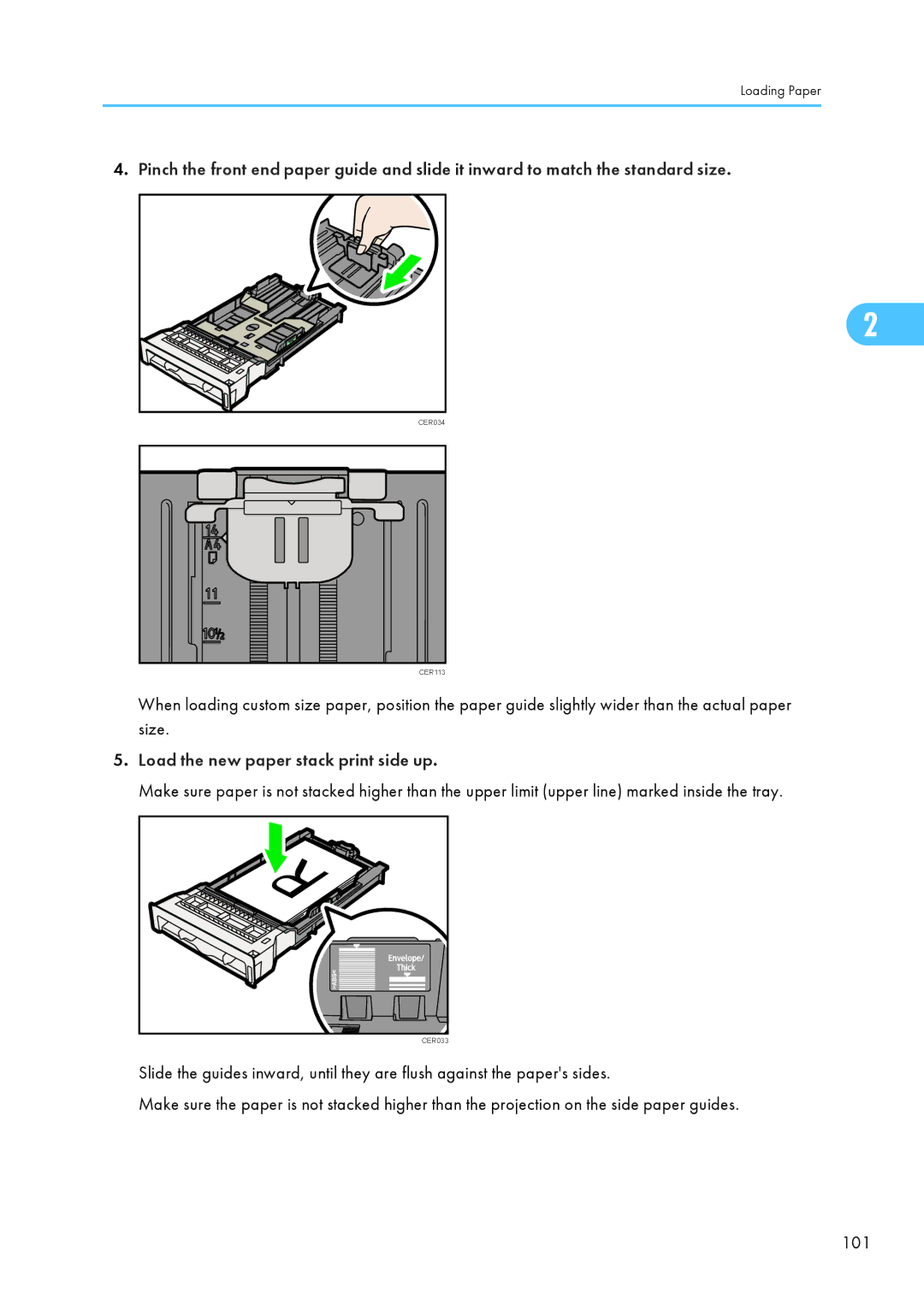 Ricoh SP C240SF, C242SF operating instructions Load the new paper stack print side up 