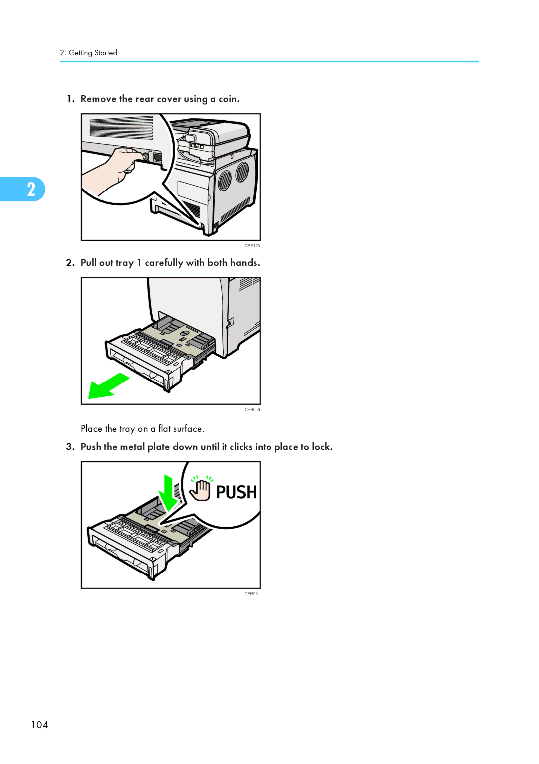 Ricoh C242SF, SP C240SF operating instructions Remove the rear cover using a coin, 104 