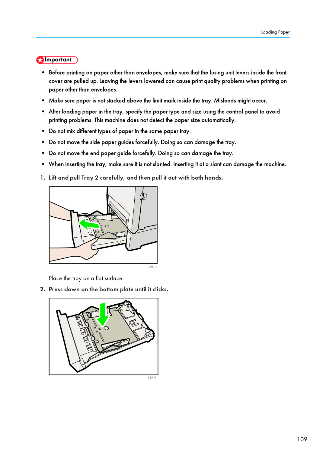 Ricoh SP C240SF, C242SF operating instructions Press down on the bottom plate until it clicks, 109 