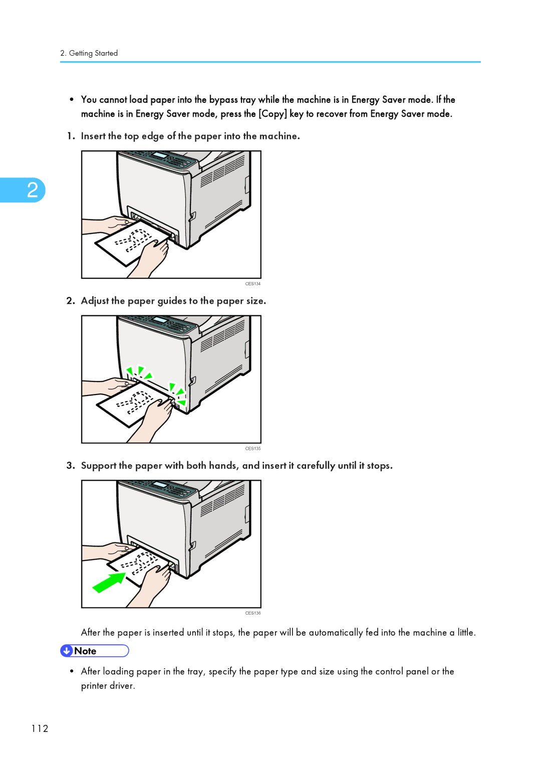 Ricoh C242SF, SP C240SF Insert the top edge of the paper into the machine, Adjust the paper guides to the paper size 