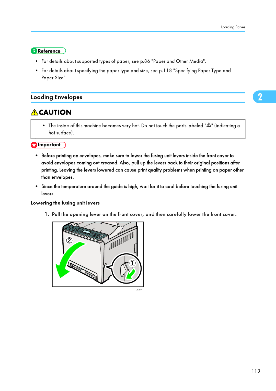 Ricoh SP C240SF, C242SF operating instructions Loading Envelopes, Lowering the fusing unit levers 