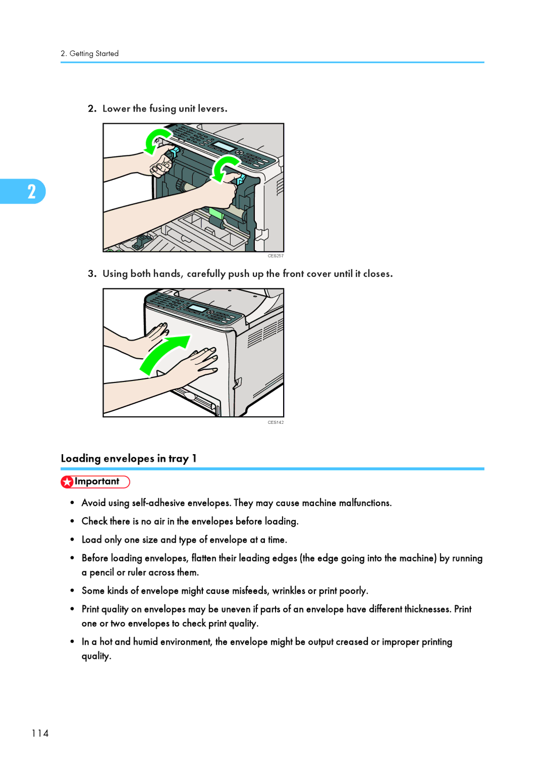 Ricoh C242SF, SP C240SF operating instructions Loading envelopes in tray, Lower the fusing unit levers, 114 