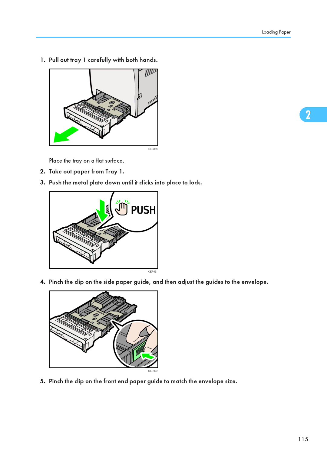 Ricoh SP C240SF, C242SF operating instructions Pull out tray 1 carefully with both hands, 115 