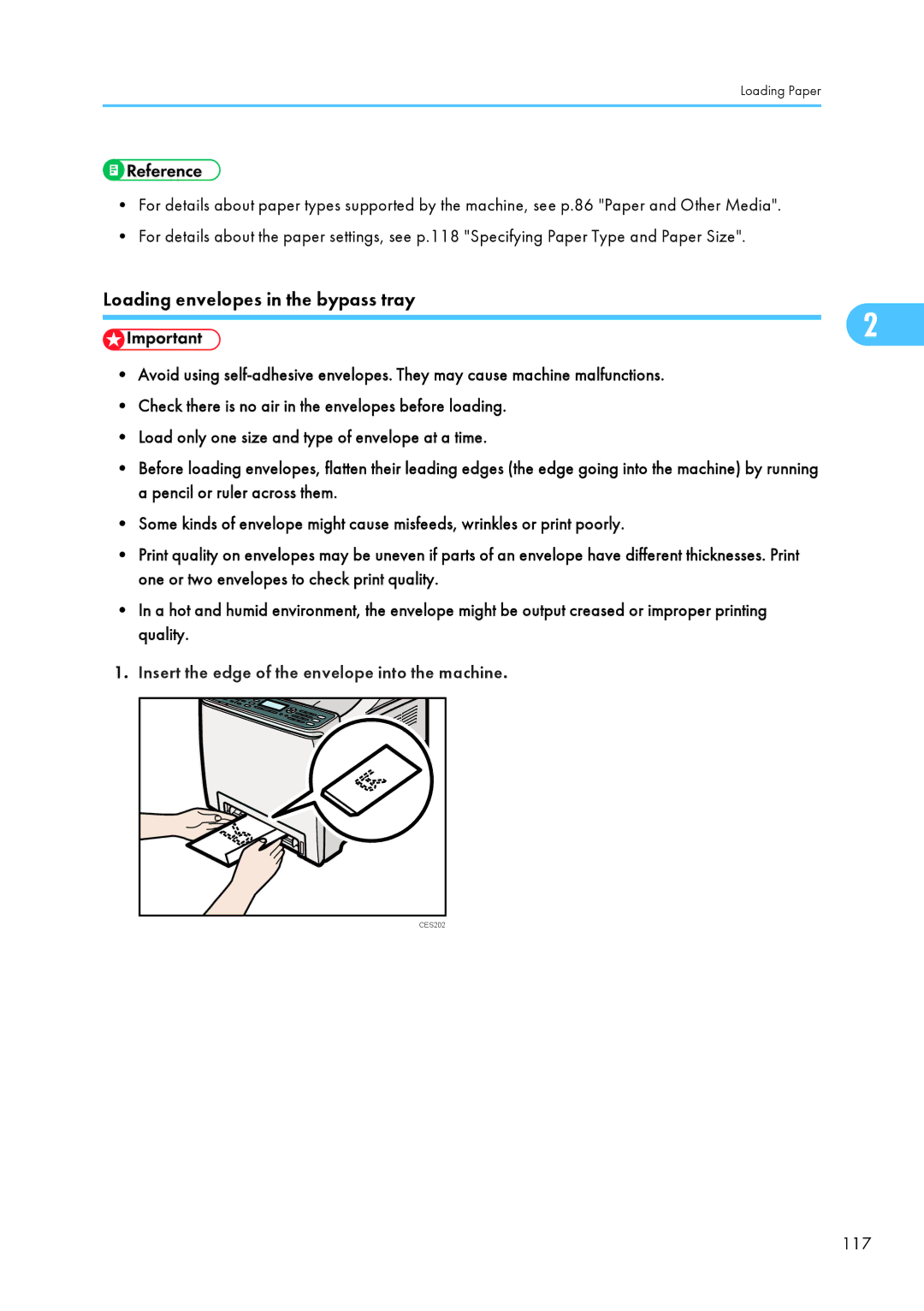 Ricoh SP C240SF, C242SF Loading envelopes in the bypass tray, Insert the edge of the envelope into the machine, 117 