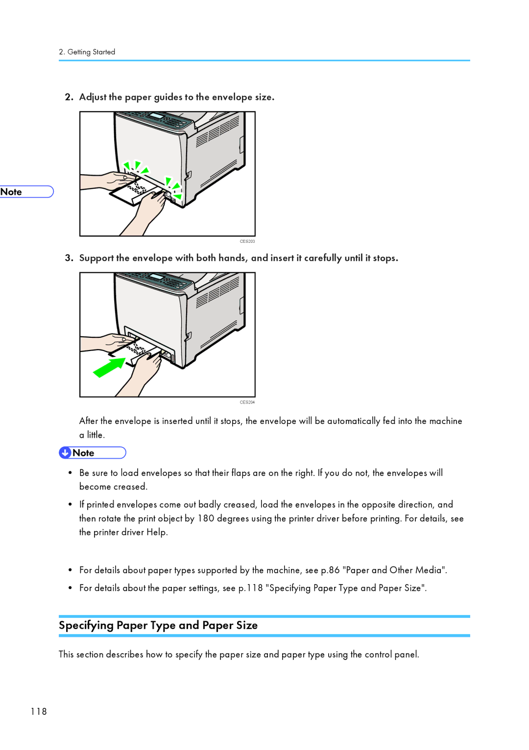 Ricoh C242SF, SP C240SF Specifying Paper Type and Paper Size, Adjust the paper guides to the envelope size 