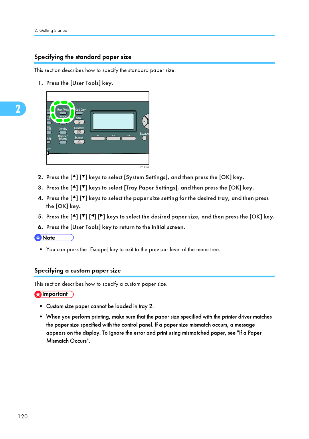 Ricoh C242SF, SP C240SF operating instructions Specifying the standard paper size, Specifying a custom paper size 