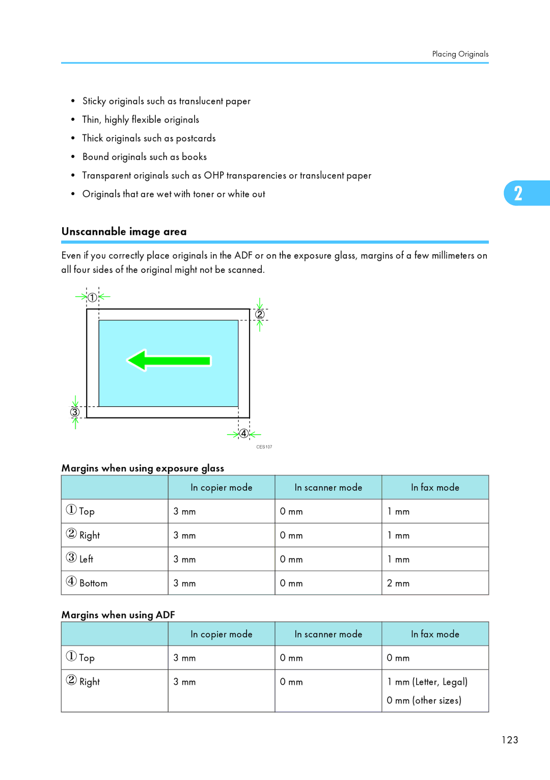 Ricoh SP C240SF, C242SF operating instructions Unscannable image area 