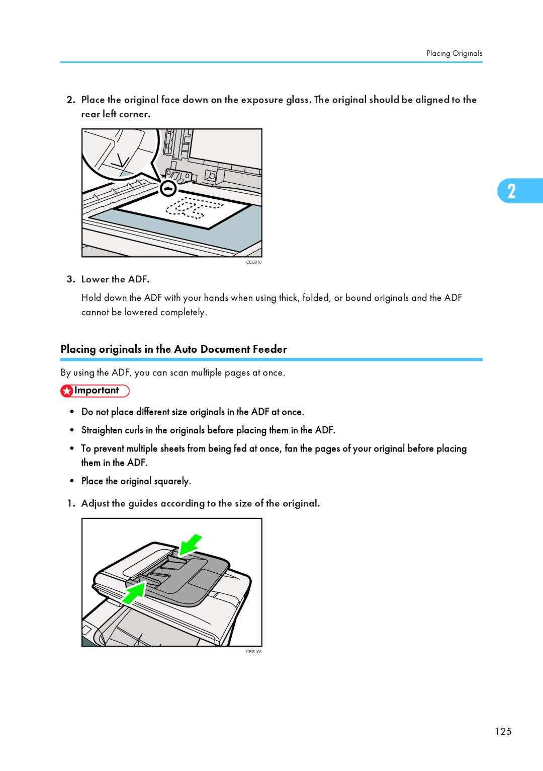 Ricoh SP C240SF, C242SF operating instructions Placing originals in the Auto Document Feeder, Lower the ADF, 125 