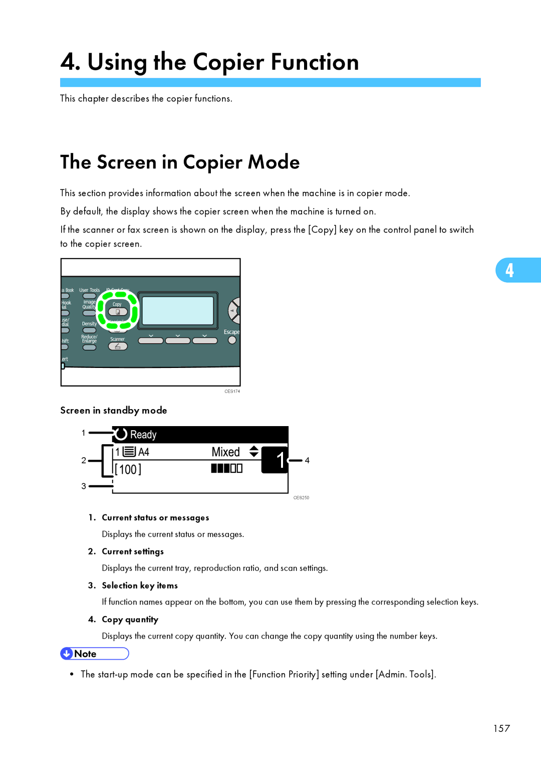 Ricoh SP C240SF, C242SF Screen in Copier Mode, This chapter describes the copier functions, Screen in standby mode 