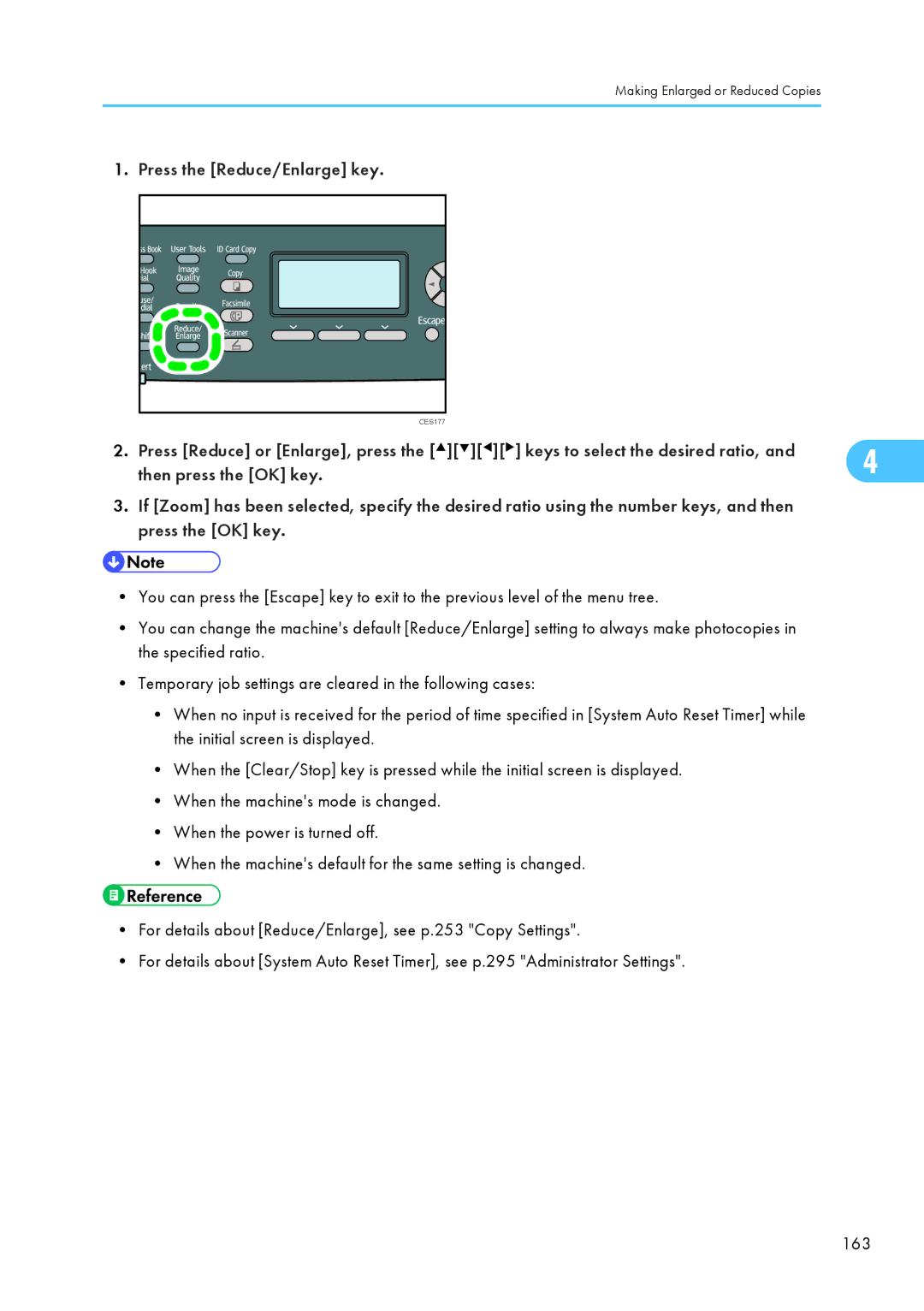 Ricoh SP C240SF, C242SF operating instructions Press the Reduce/Enlarge key 