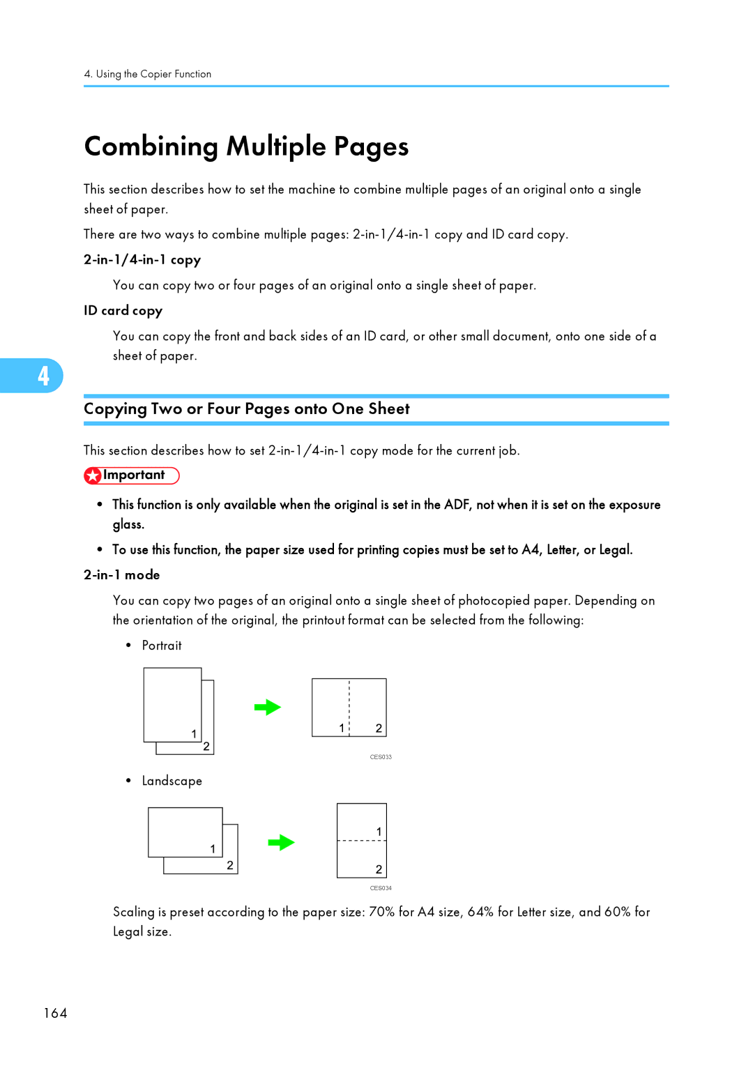 Ricoh C242SF, SP C240SF Combining Multiple Pages, Copying Two or Four Pages onto One Sheet, In-1 mode, Portrait, Landscape 