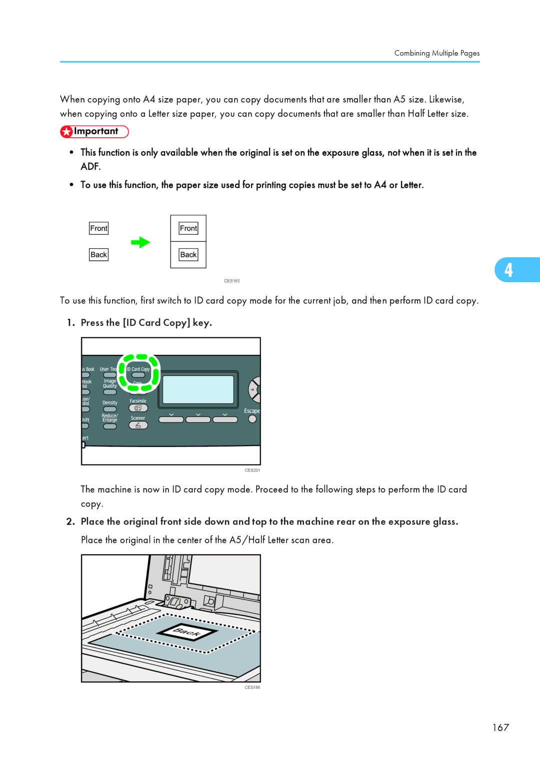 Ricoh SP C240SF, C242SF operating instructions Press the ID Card Copy key, 167 