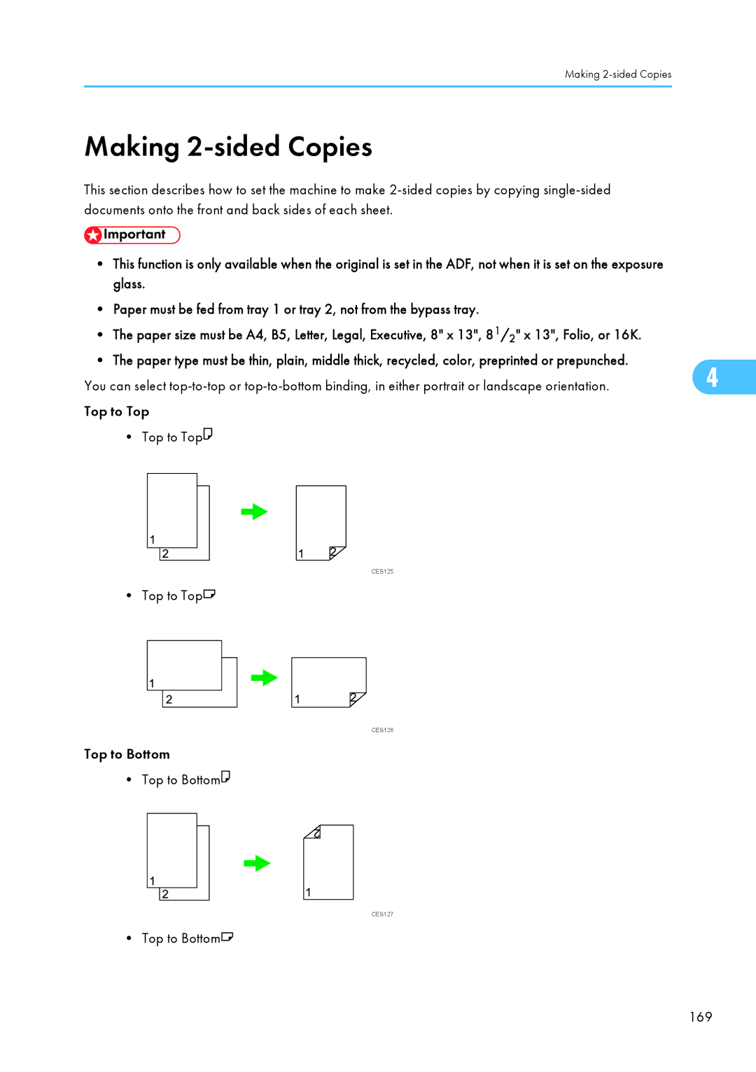 Ricoh SP C240SF, C242SF operating instructions Making 2-sided Copies, Top to Top, Top to Bottom 169 