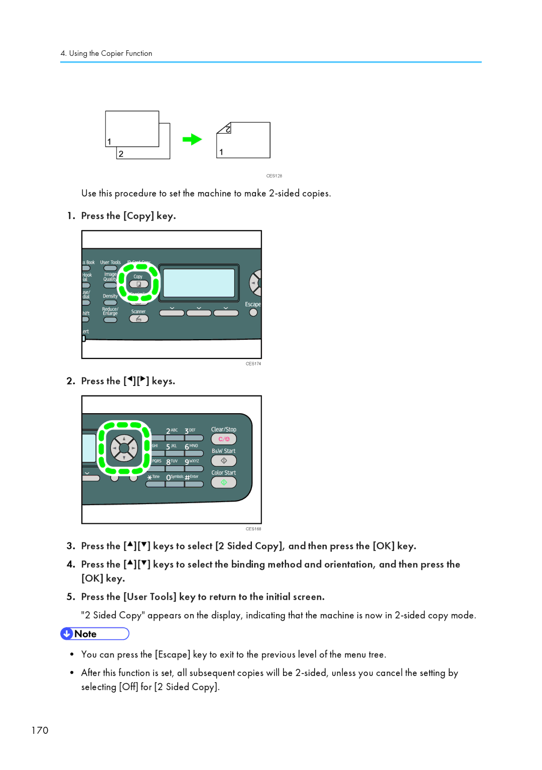 Ricoh C242SF, SP C240SF operating instructions Use this procedure to set the machine to make 2-sided copies, Keys 