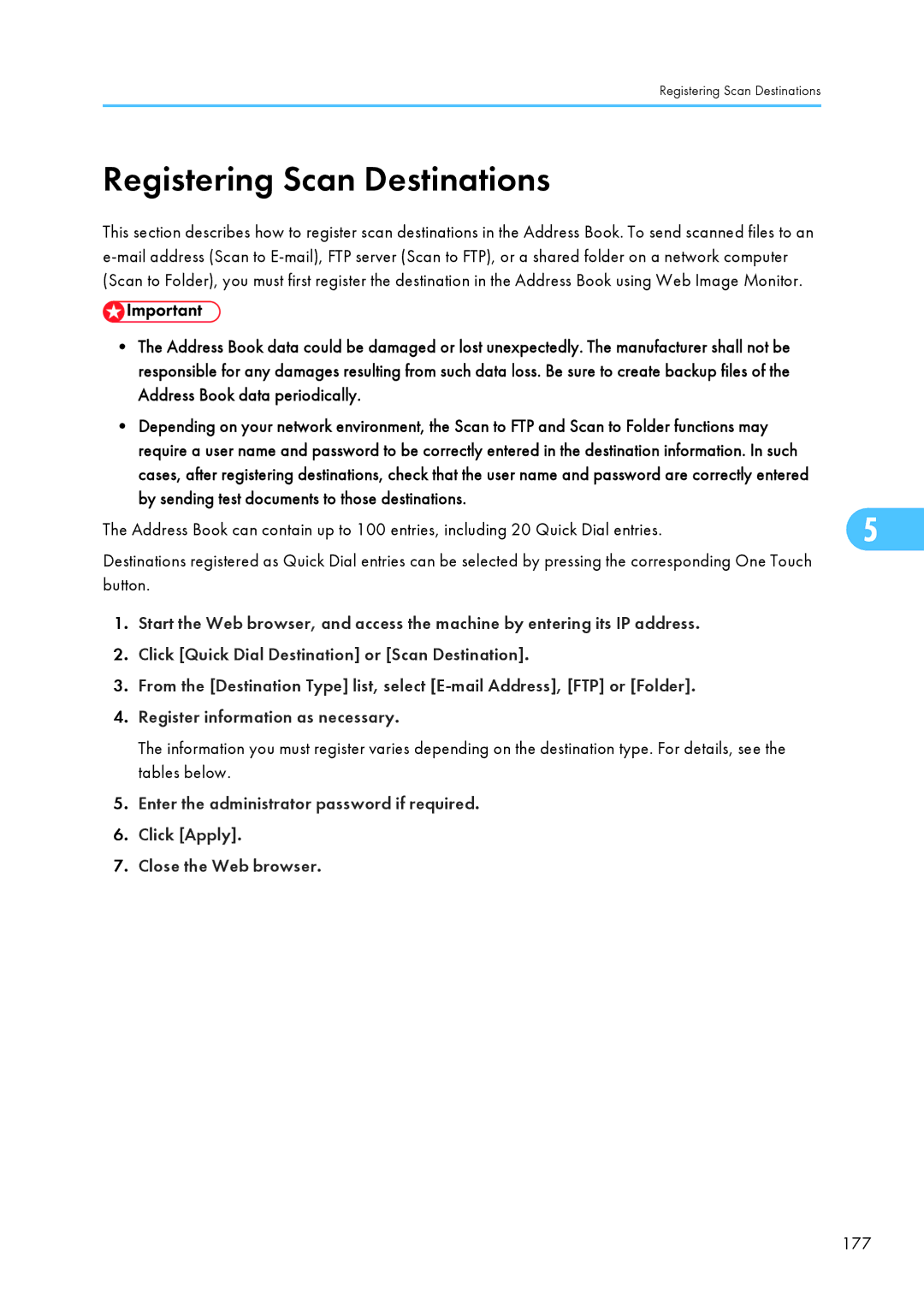 Ricoh SP C240SF, C242SF operating instructions Registering Scan Destinations, 177 
