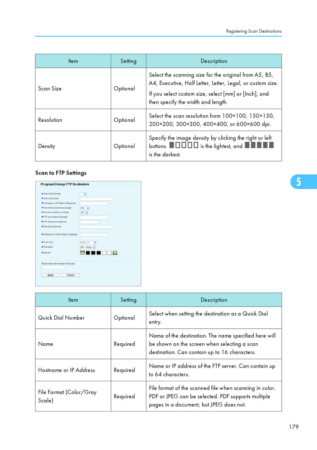 Ricoh SP C240SF, C242SF Setting Description, Scan Size Optional, Then specify the width and length, Resolution Optional 