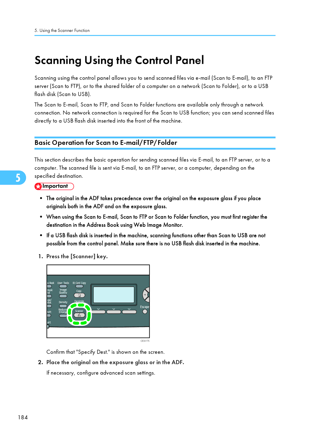 Ricoh C242SF Scanning Using the Control Panel, Basic Operation for Scan to E-mail/FTP/Folder, Specified destination 