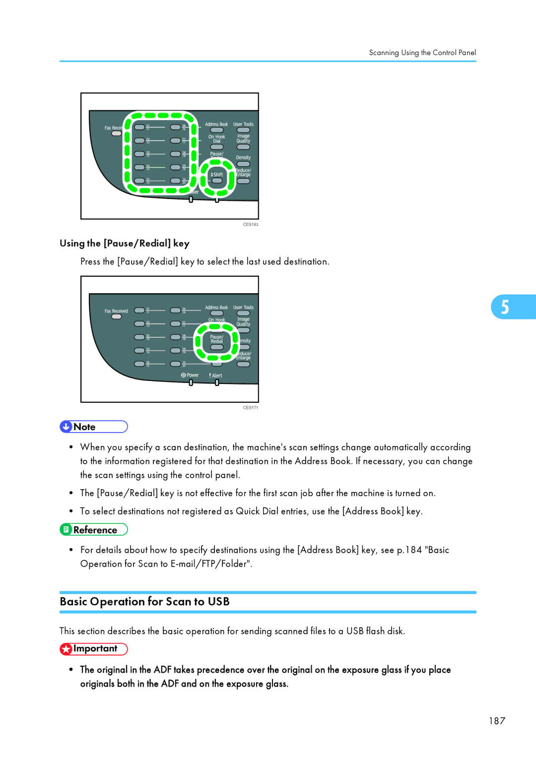 Ricoh SP C240SF, C242SF operating instructions Basic Operation for Scan to USB, 187 