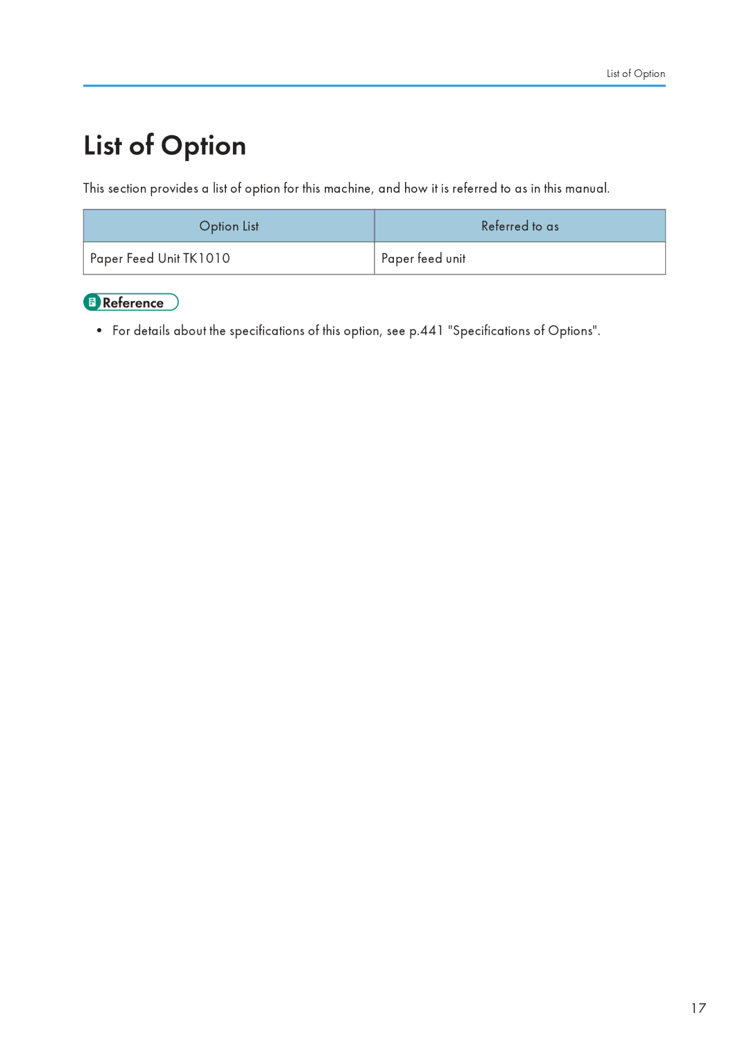 Ricoh SP C240SF, C242SF operating instructions List of Option 