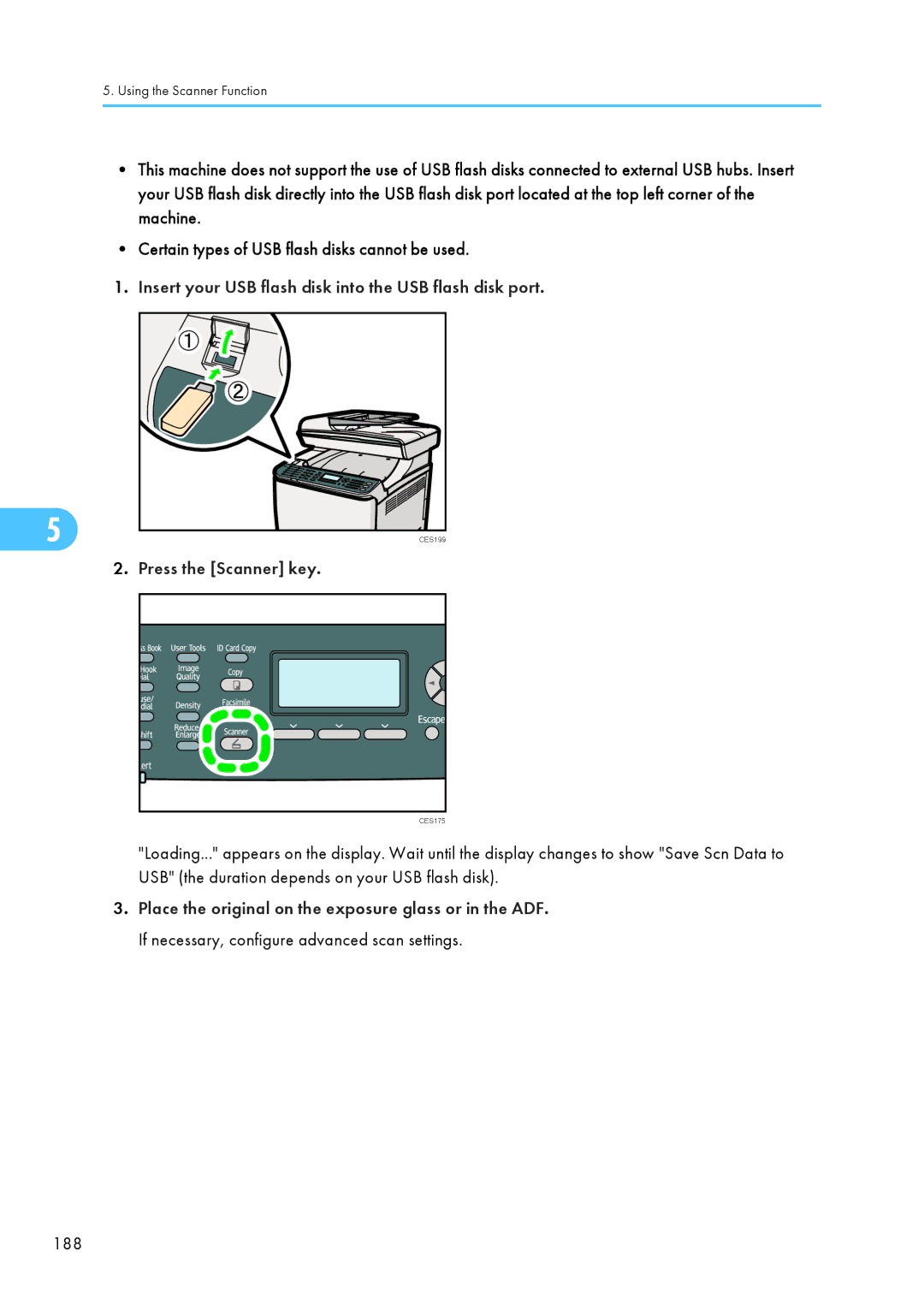 Ricoh C242SF, SP C240SF operating instructions Insert your USB flash disk into the USB flash disk port, 188 