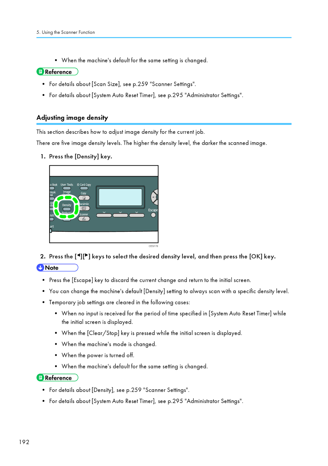 Ricoh C242SF, SP C240SF operating instructions Adjusting image density, Press the Density key 