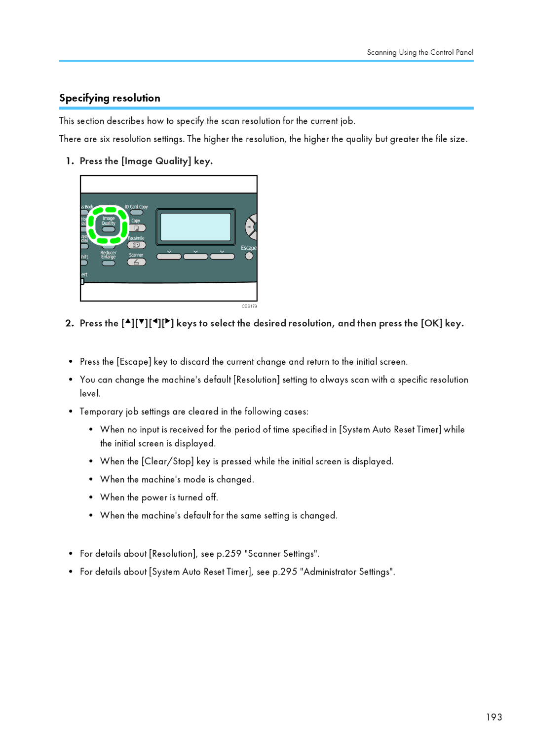 Ricoh SP C240SF, C242SF operating instructions Specifying resolution, Press the Image Quality key 