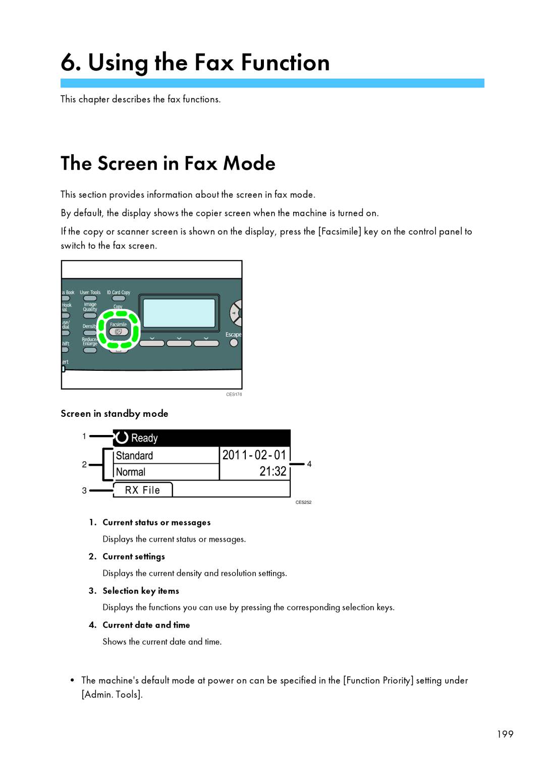 Ricoh SP C240SF, C242SF operating instructions Screen in Fax Mode, This chapter describes the fax functions 